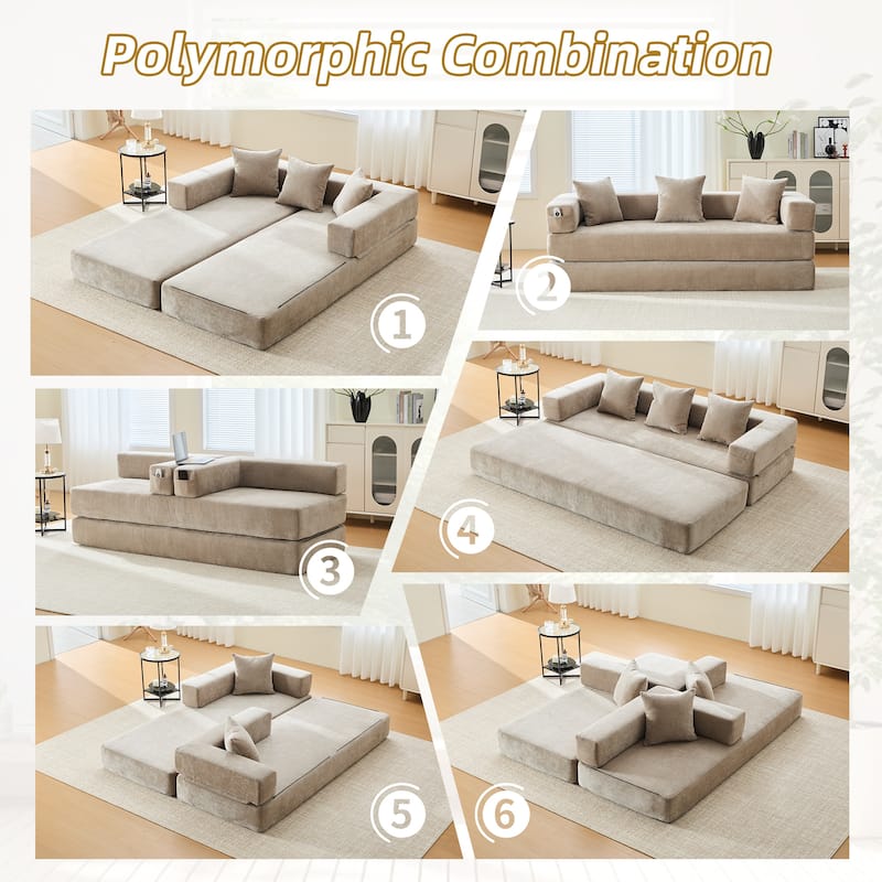 HOMEFUN Chenille Upholstered Convertible Foldable Memory Foam Sleeper Sofa with Pillows for Living Room