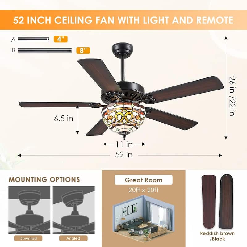 50" TiffanyTropical Ceiling Fan with 5 Palm Leaf Bllades and Vintage Cover Waterproof for Indoor and Outdoor Patio