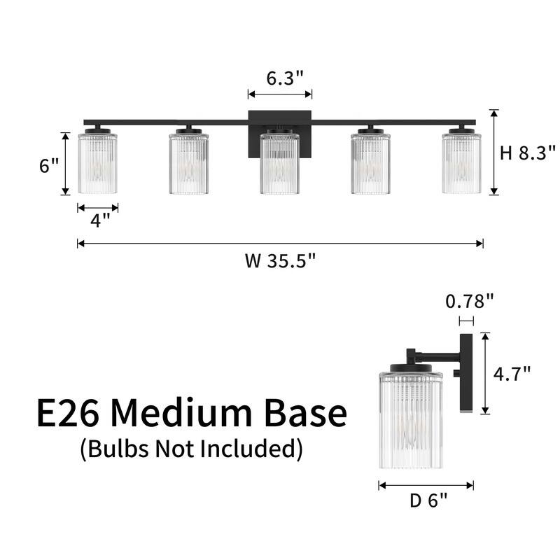 KAWOTI Modern Vanity Light with Cylinder Ribbed Glass Shade