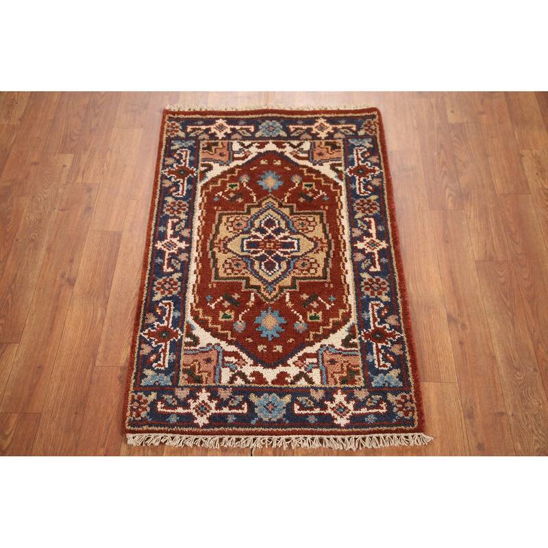 Hand Knotted Oriental 100% Wool Carpet Traditional Medallion Oranges & Rust Heriz (serapi) Area Rug - 3' 0'' X 2' 0''
