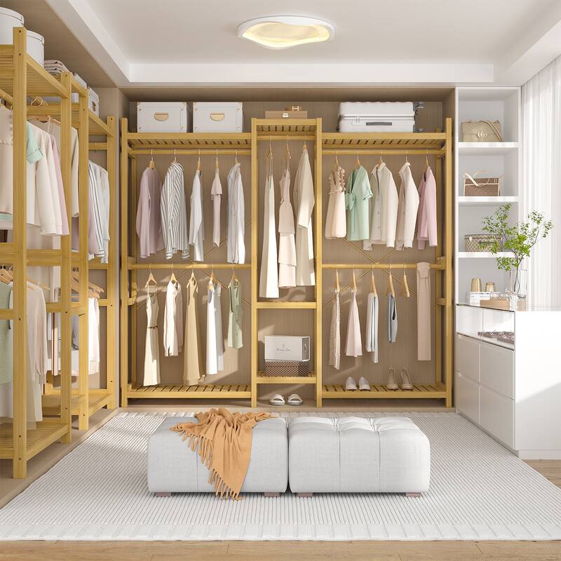 Bamboo Closet System Clothes Rack, Large Freestanding Garment Rack Clothing Rack for Hanging Clothes