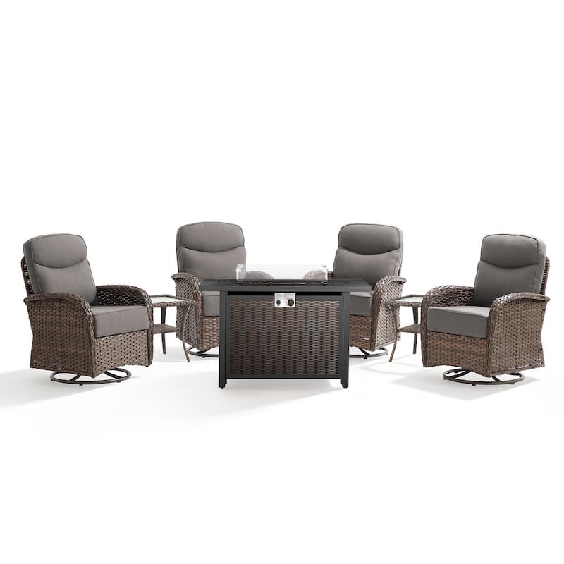 Pocassy Outdoor Sofa Swivel Chair and Ottman with 43in Fire Pit Table