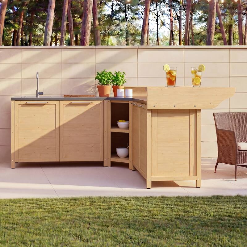 Modular Outdoor Kitchen Island Set, 100% Solid Wood BBQ Cabinet , Patio Kitchen Bar Table - 101.5"W(Wood)