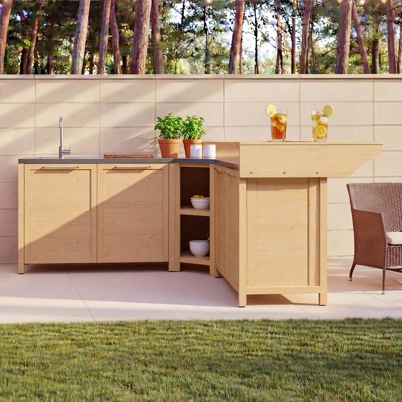 Outdoor BBQ Kitchen Cabinet Set, 100% Solid Wood Patio Kitchen Storage Stainless Steel Countertop