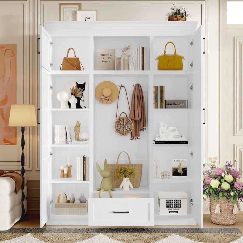 Modern 85.2''H Entryway Hall Tree Storage Organizer Cabinet with Bench and 3 Hooks - White