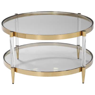 32" gold glam circular coffee table with two mirrored sections