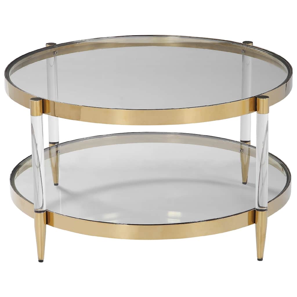 32" gold glam circular coffee table with two mirrored sections