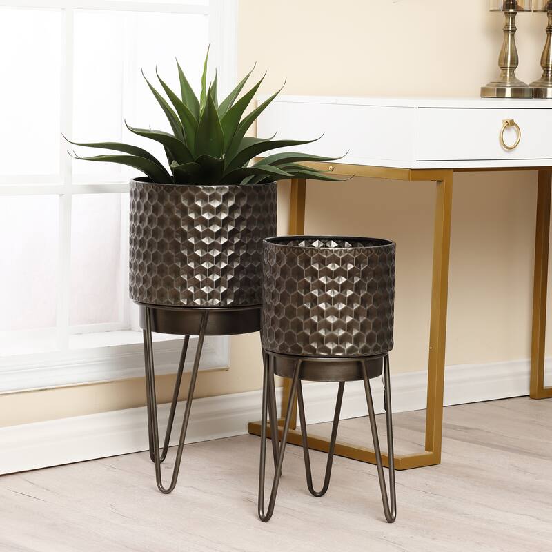 Brown Metal Honeycomb Cachepot Planters with Brown Metal Stands (Set of 2)