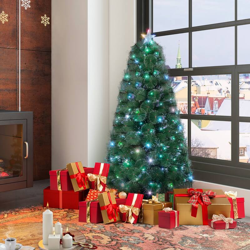 Gymax 5/6/7 FT Pre-Lit Fiber Optic Christmas Tree Artificial Christmas