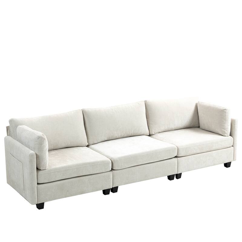 Chenille Upholstered 3 Seater Sofa, Cloud Sofa with 2 Pillows, Deep Seat Sofa with Storage Pocket for Living Room, Apartment