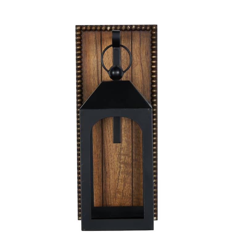 Metal Suspended Arched Cutout Wall Sconce with Brown Wood Backing and Beaded Edge - Black - Roche River Decor