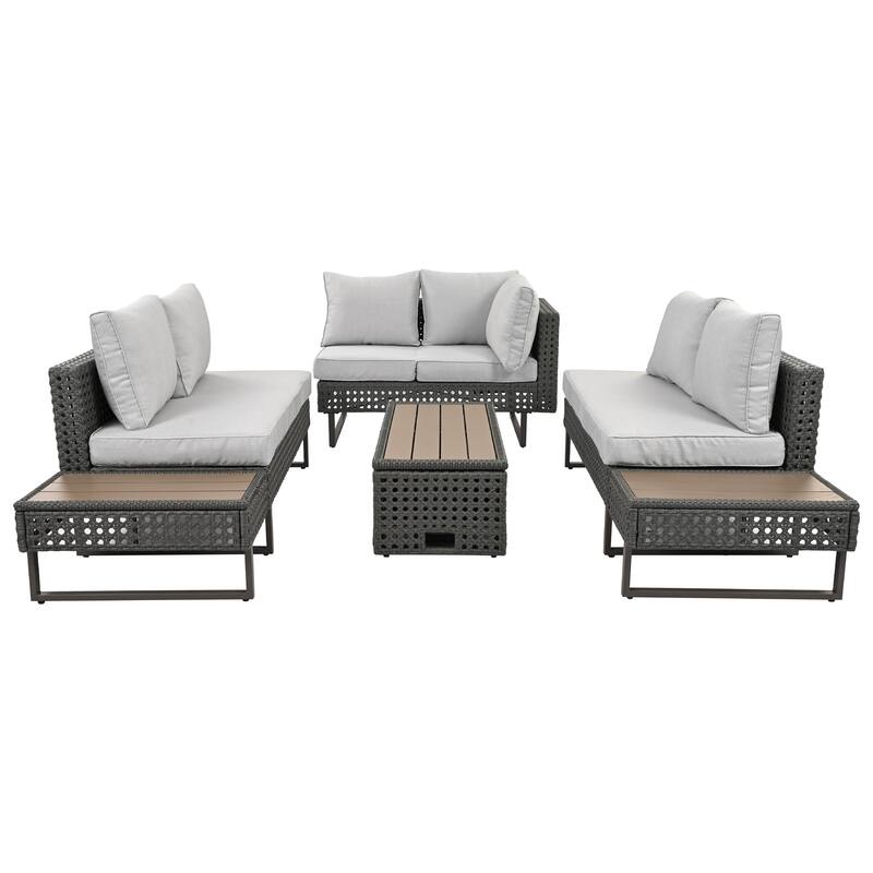 6-Piece Outdoor Sectional Sofa Set with Adjustable Recliner, Ice Bucket Coffee Table & Side Tables
