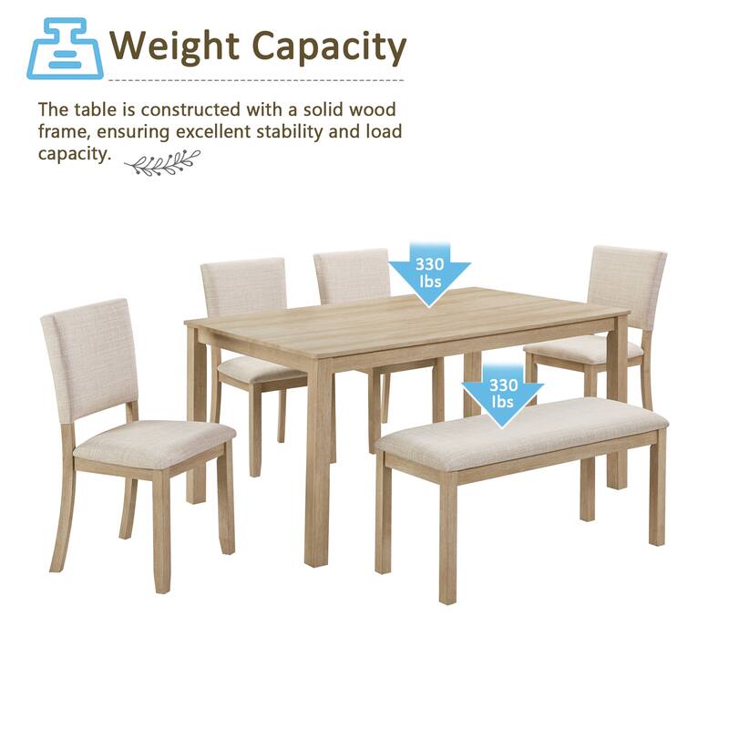 6-Piece Solid Wood Dining Table Set, Including 1 Dining Table, 4 Chairs & 1 Bench, Kitchen Dining Table & Chair Set for 6