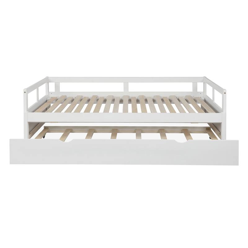 Space-Saving Daybed with Pull-out Trundle, Twin to King Platform Bed Design, Solid Pine Wood Frame with 3 Sided Guardrails
