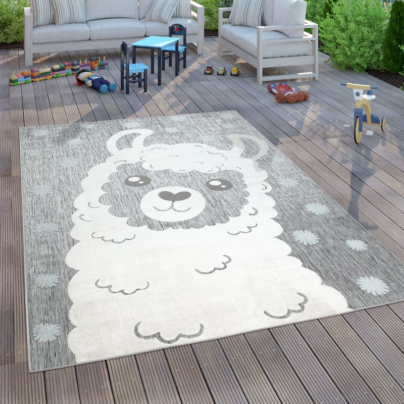 Animal Motif Kids Rug with Cute Llama Children Play Mat in Grey
