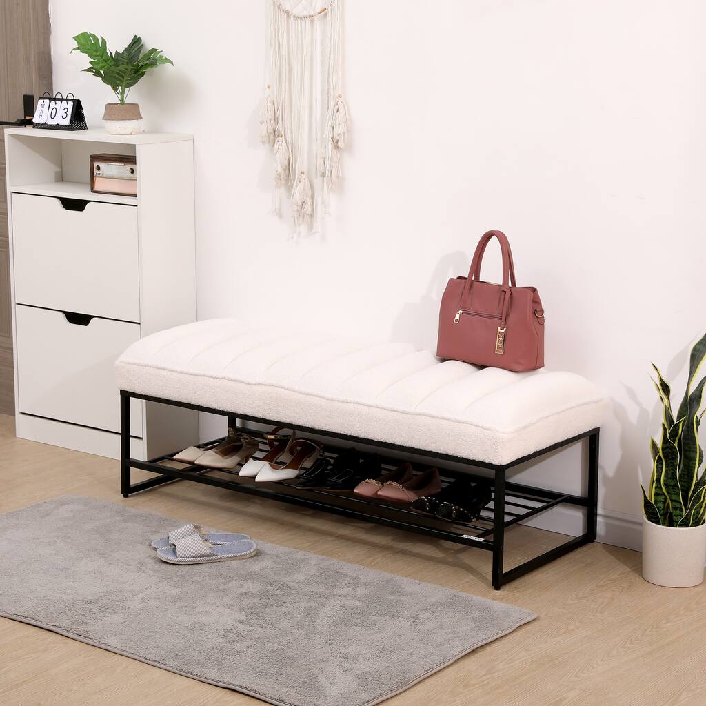 Channel Tufted Bench with Metal Shelf White Sherpa Upholstered Benches ...