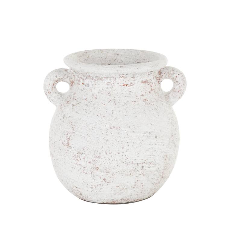 Cream Ceramic Antique Style Textured Pot Decorative Vase with Handles