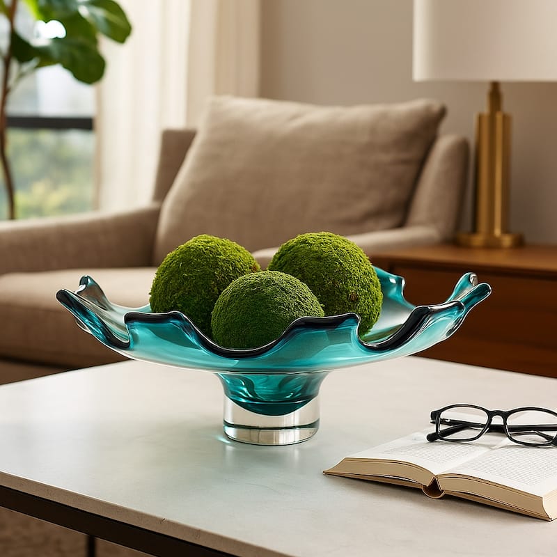 Artistic Abstract Glass Decorative Bowl - 14", Blue & Green - 14.0"