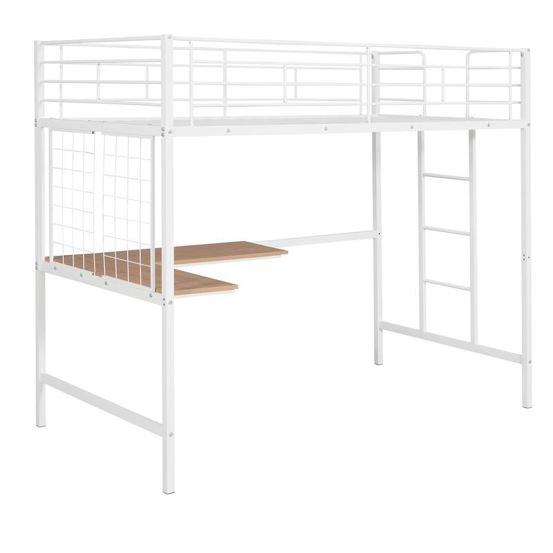 Twin Metal Loft Bed with Desk and Metal Grid, White