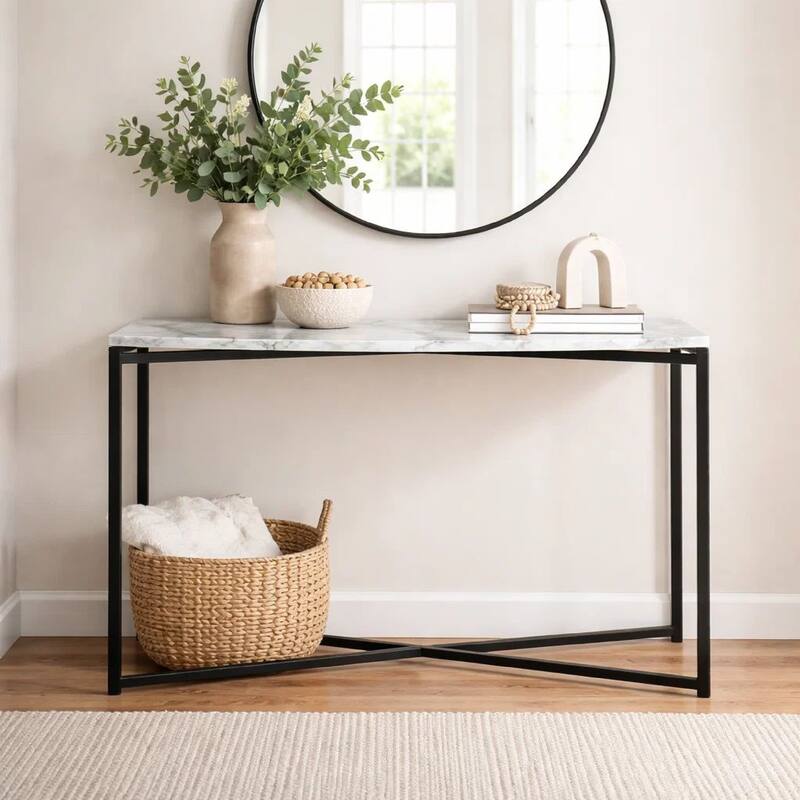 Agnew 50 Inch Console Table, White Marble Top, Tubular Black Steel Base