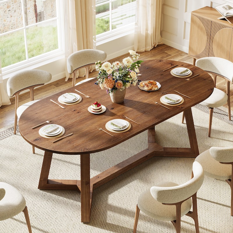 63-Inch Solid Wood Oval Dining Table, Wooden Farmhouse Kitchen Table - Brown