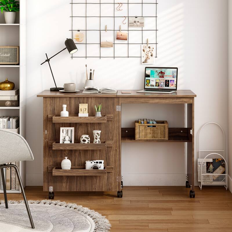 Gymax Folding Sewing Craft Table Shelf Storage Cabinet Home Furniture - Brown