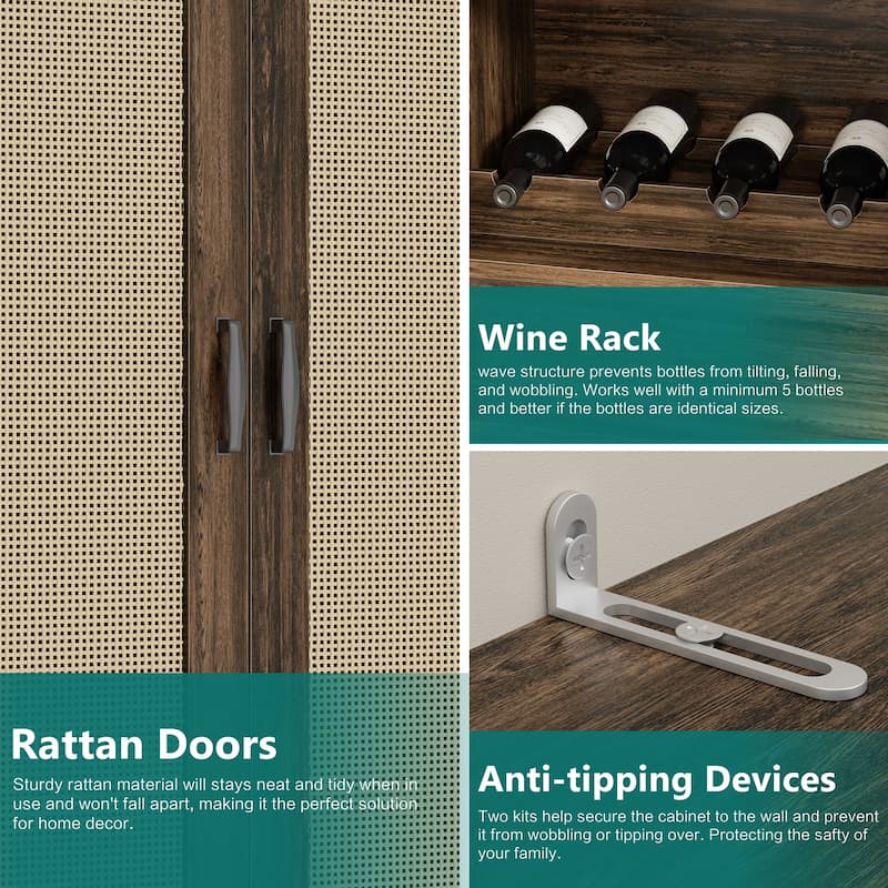 Rattan Door Pantry Storage Cabinet with Wine Rack - Freestanding Storage Organizer with Anti-Tip