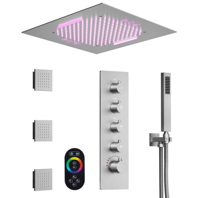 GRANDJOY Thermostatic Shower System 20" Ceiling Mount Shower Head Handheld Spray and Body Jets Combo LED Music