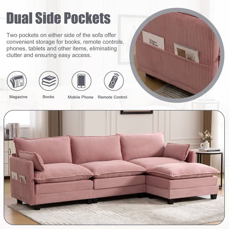 102.95" L-Shaped Corduroy Sectional Sofa with Movable Ottoman