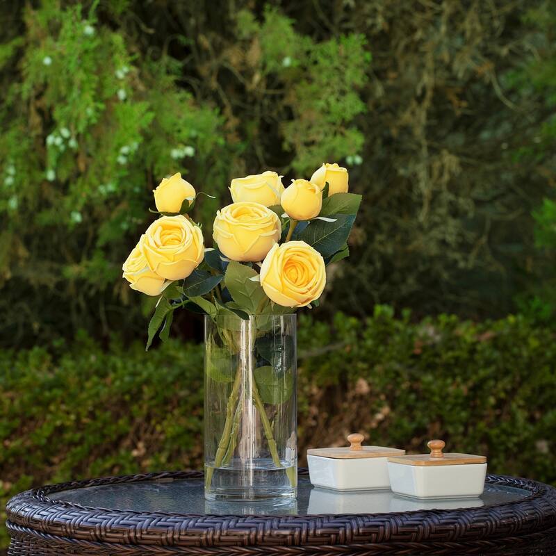 Enova Home Artificial Silk Rose Flowers in Clear Glass Vase with Faux Water for Home Office Wedding Decoration - N/A