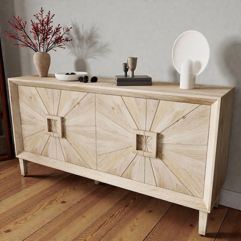 60'' Rustic American Farmhouse Credenza with Sunburst Doors, Antique Wood TV Stand with Adjustable Shelves