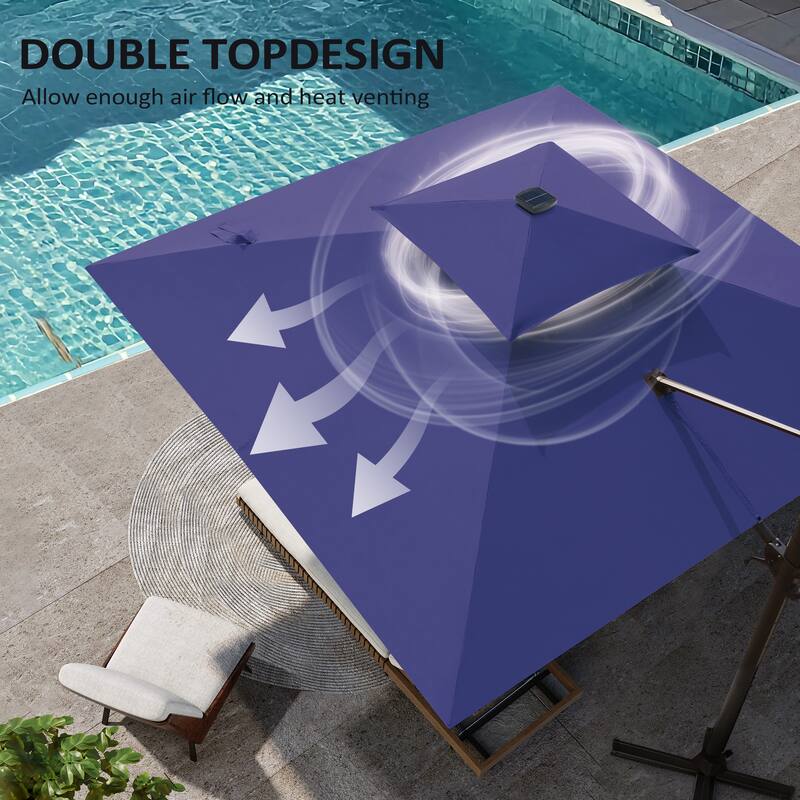 11 FT Square Outdoor Patio Cantilever Umbrella with Solar Lights 4-Piece Premium Base Double Canopy 360 Rotation Tilt