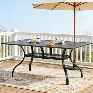 Outdoor Patio 2 Tiers Iron Steel Slatted Rectangle Dining Table Black with Umbrella Hole for 6 Person - 60" x 37"