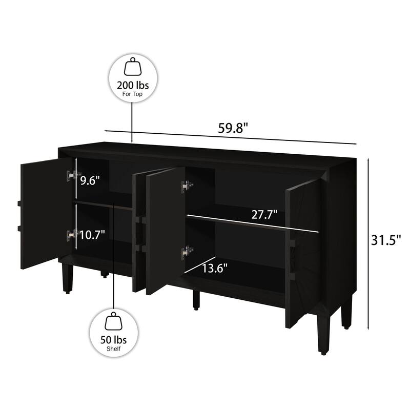Roomfitters 60" Premium Farmhouse Credenza, Symmetrical Sunburst Door Design TV Stand with Adjustable Shelves