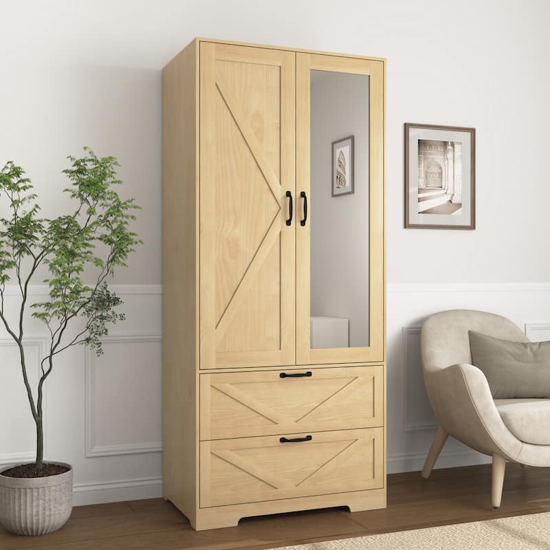LED Wardrobe Cabinet Bedroom Tall Armoire with Mirror, Folding and Hanging Areas - Natural - 2 Door