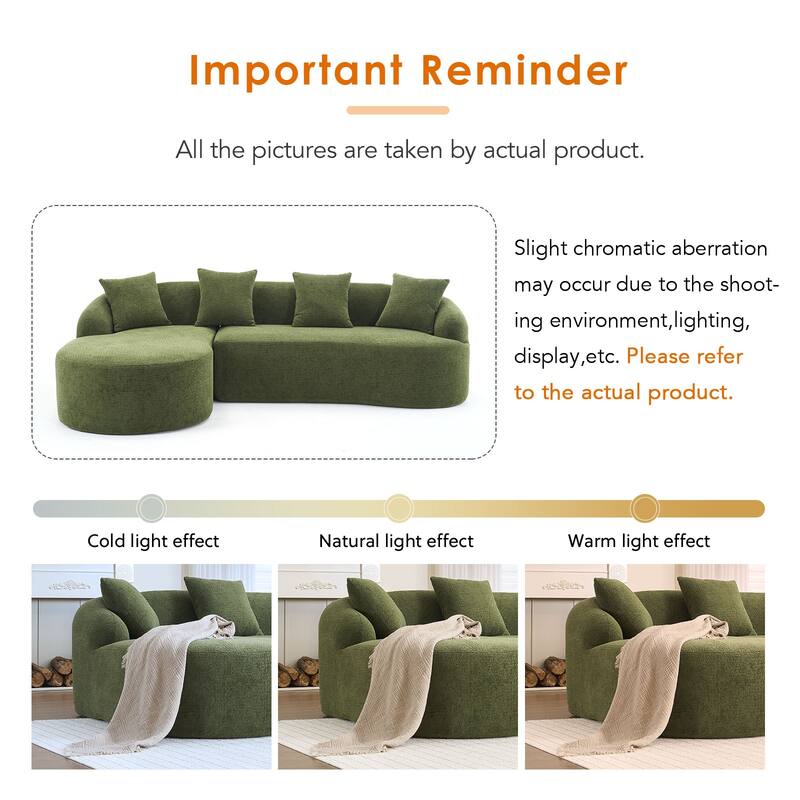 L-Shaped Sectional Sofa with Curved Chaise, Chenille Boneless Cloud Sofa, Modular 4-Seater Sofa with 4 Throw Pillows
