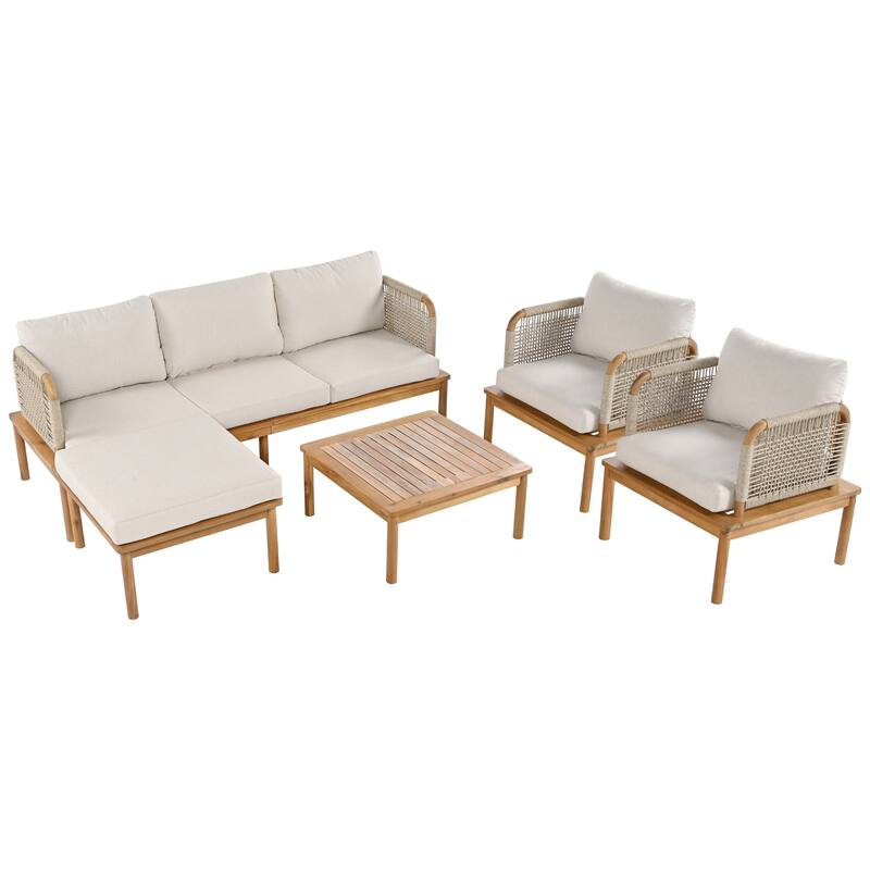 5 Pcs Outdoor Rope Weave Sofa Set, All-Weather Conversation Furniture Set with Acacia Wood Table, 2 Armchairs and Ottoman