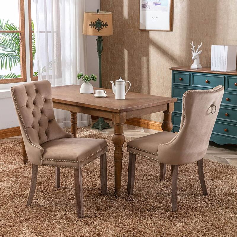 Set of 2 Velvet Dining Chairs – Tufted Upholstered Armless Accent Chairs with Nailhead Trim & Back Ring Pull