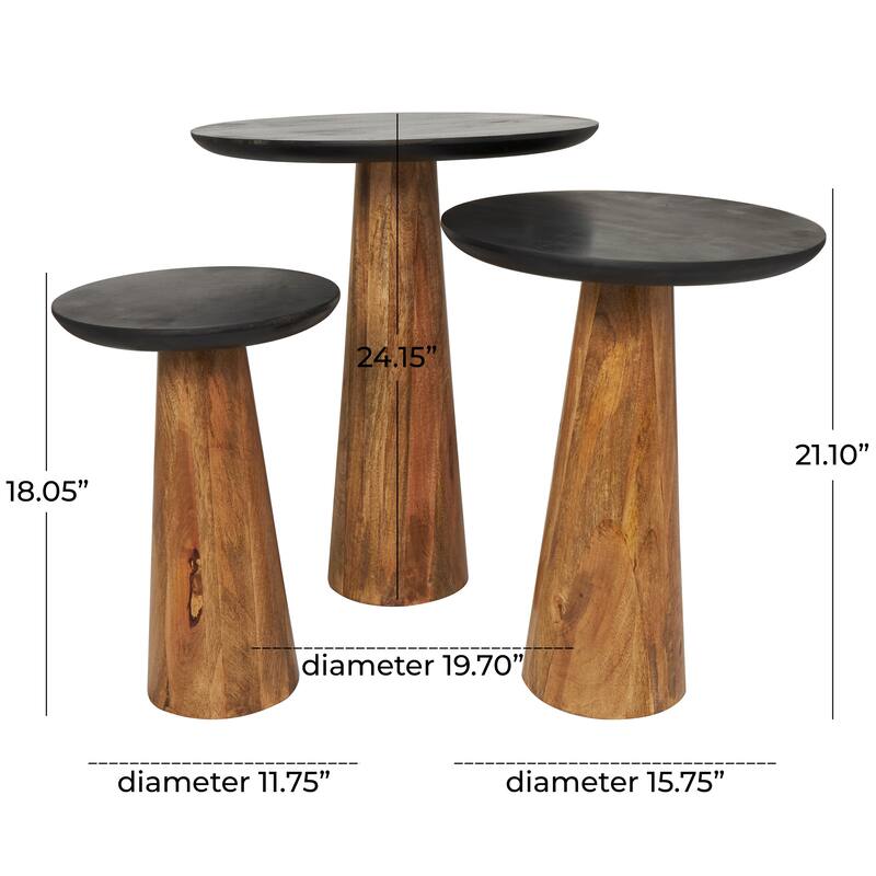 Brown Mango Wood Handmade Cone Shaped Accent Table with Black Tabletops (Set of 3)