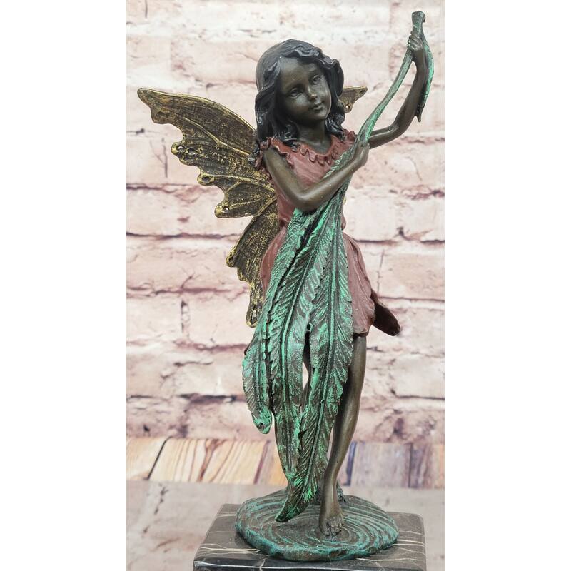 Bronze Fairy Holding Leaf Marble Base Signed By Artist Milo Mythical Figurine