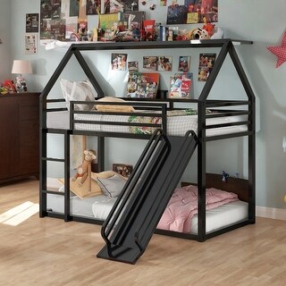Twin over Twin Metal House Shape Bunk Bed Frame with Ladder and Slide ...