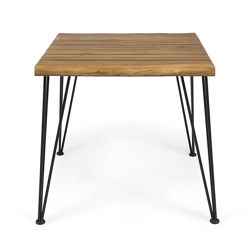 Roomfitters Zion 32.5-Inch Modern Industrial Outdoor Dining Table, Solid Acacia Wood Top with Metal Hairpin Legs, Teak