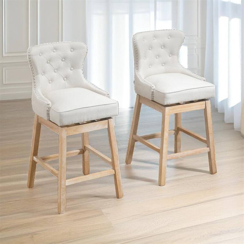Swivel Upholstered Fabric Bar Stools with Rubber Wood Leg（Set of 2） - N/A