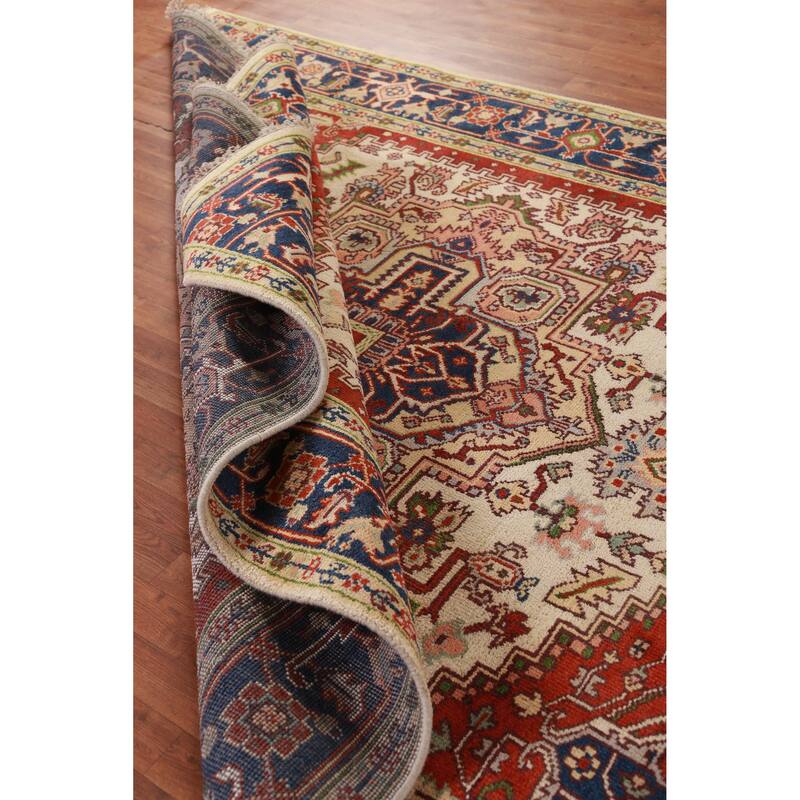 Hand Knotted Oriental 100% Wool Carpet Traditional Medallion Beige & Ivories Heriz (serapi) Area Rug - 9' 10'' X 7' 11''