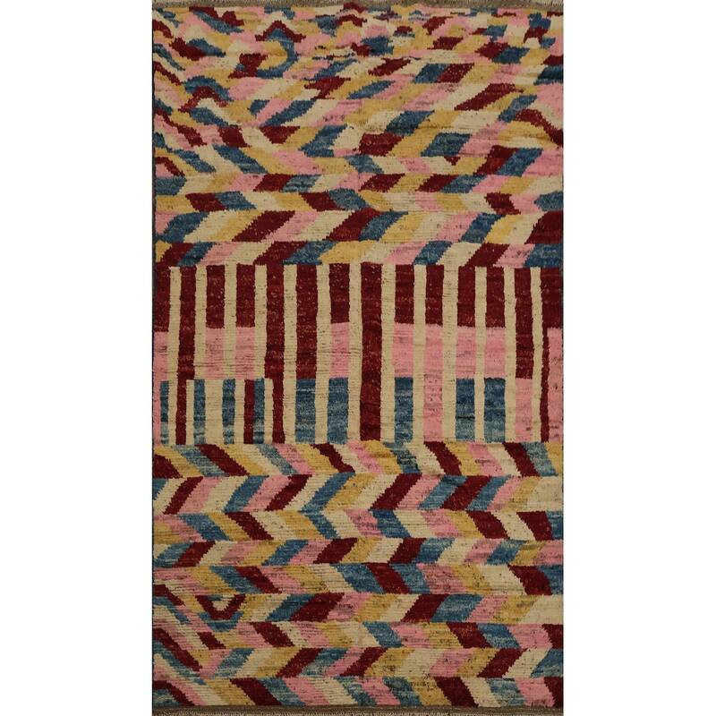 Hand Knotted Oriental 100% Wool Carpet Modern Geometric Multi-Colored Moroccan Area Rug - 10' 3'' X 6' 7''