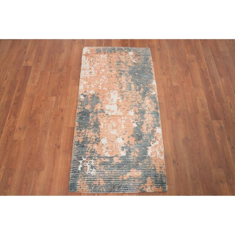 Hand Knotted Oriental Viscose Silk Carpet Modern All-Over Peach Abstract Area Rug - 4' 0'' X 2' 0''