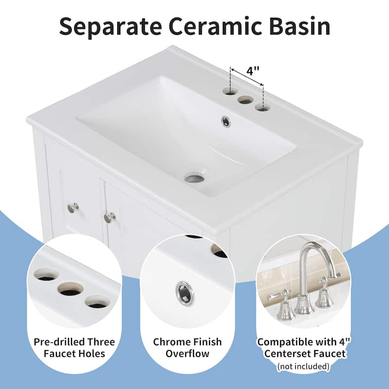 24-Inch Bathroom Vanity with Storage, Adjustable Shelf, MDF & Rubberwood, Removable Dividers