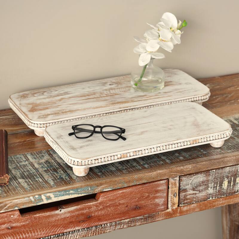 Light Brown Mango Wood Beaded Living Room Decor Tray with Large Ball Feet (Set of 2) - 23", 18"W - 23", 18"W - Light Brown