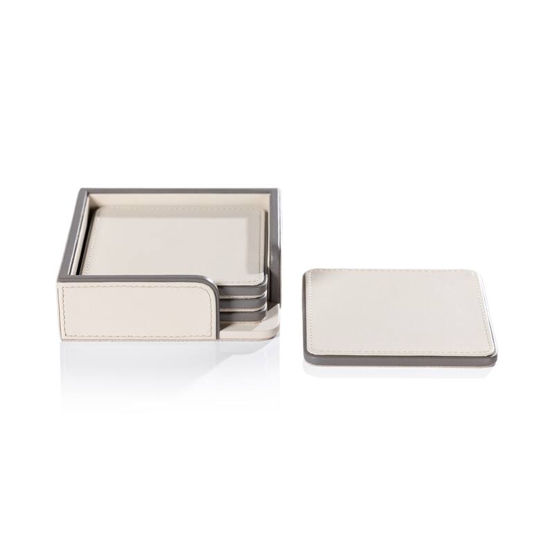 Nappa Leather 4-Piece Coaster Set on Tray - Cream & Gray