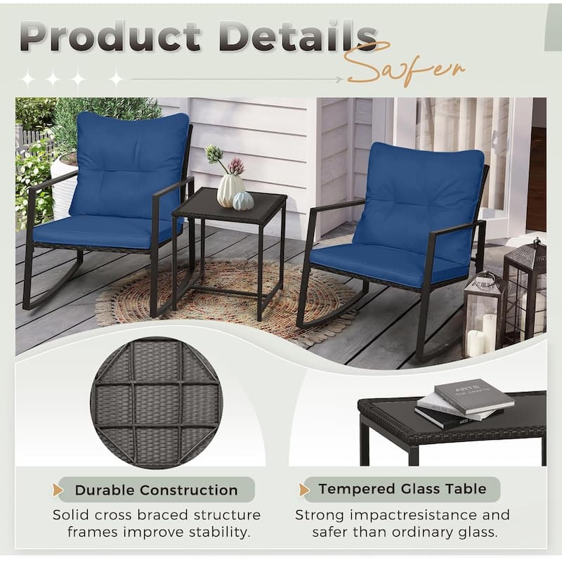 SUNCROWN 3-piece Outdoor Patio Brown/Black Wicker Rocking Chairs Conversation Bistro Set